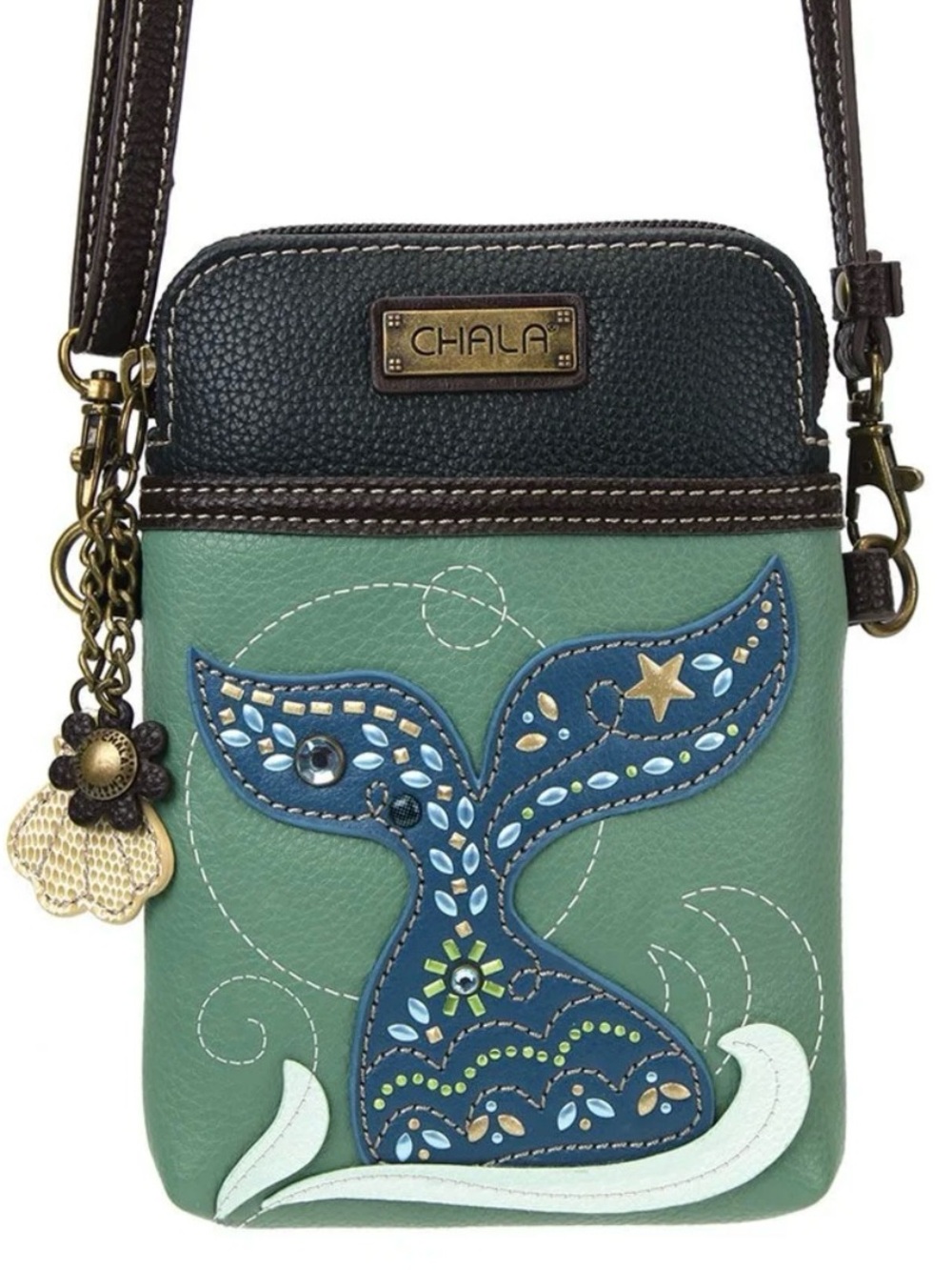 Chala Green Teal Crossbody Bag with Blue Whale Tail and Dark Brown Trim